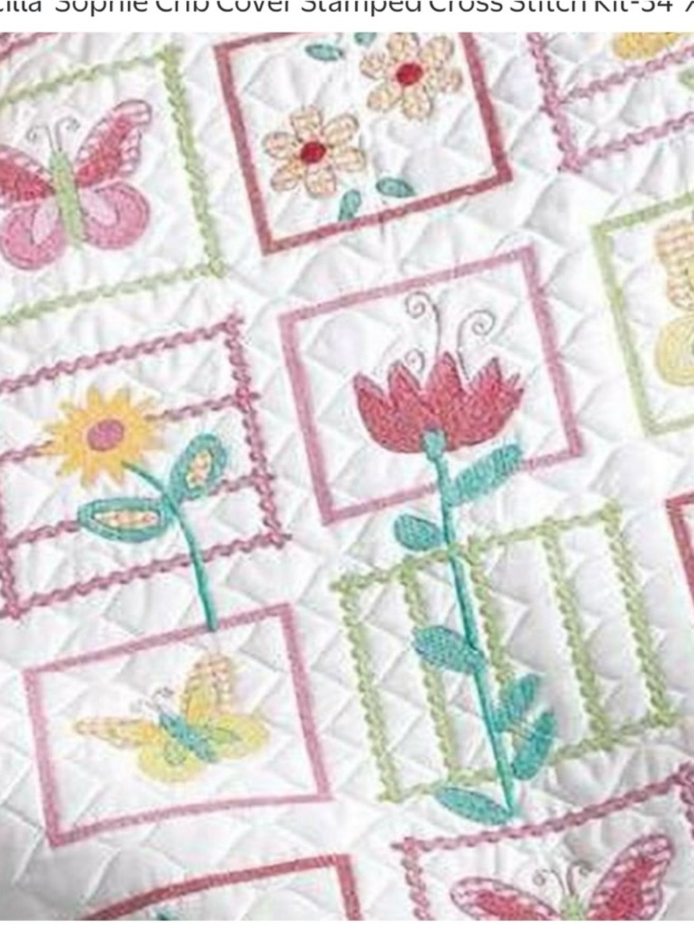 Bucilla "Sophie" Flowers and Butterflies Stamped Cross Stitch Crib Cover Kit - Picture 4 of 10